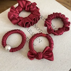 Satin Scrunchies Hair Ties Wine Red Satin Fabric Ruffled Bow Knot Large Artificial Pearl Elastic Ponytail Holder Accessories For Women