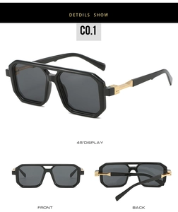 Macro detail of square pilot sunglasses showing golden metal hinges and black frame