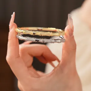 Bamboo Joint Bangle Bracelet Copper Micro Inlaid Zircon Real Gold Plated Luxury New Chinese Style Jewelry For Women