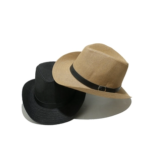 Men's retro straw fedora hats in black and khaki with PU leather bands and metal buckles