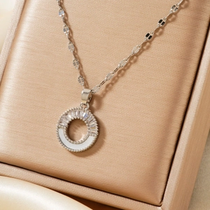 Vintage silver necklace with geometric round pendant and zircon inlay in gift box