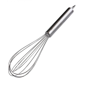 Modern minimalist stainless steel egg whisk with ergonomic hanging loop on white background