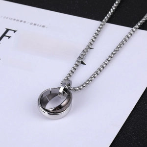 Minimalist double ring pendant necklace with ball chain and engraved silver finish