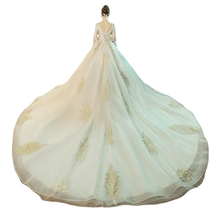 Elegant champagne off-shoulder wedding dress with gold lace embroidery and long train