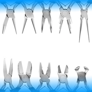 Detailed set of 10 metal jewelry making pliers including round and flat nose tools