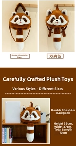 Detailed size comparison of the cute plush raccoon bag showing shoulder and backpack styles