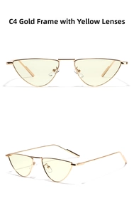 Detail view of model C4 square sunglasses with gold metal frame and yellow transparent lens