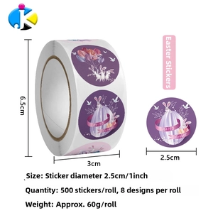 Detail view of 1 inch Easter sticker roll featuring 8 bunny and egg cartoon designs