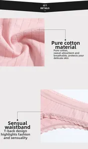 Detailed view of pink ribbed cotton thong showing delicate lace trim and soft fabric texture
