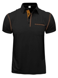 Detail of men's black polo shirt featuring brown contrast stitching and inner placket lining