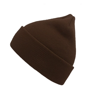 Detailed view of dark brown ribbed knit beanie featuring an elastic turnover cuff design