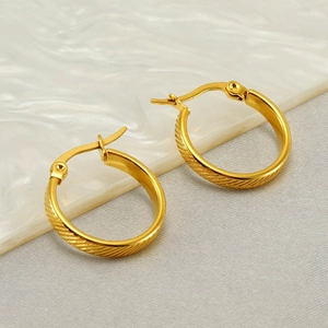 Gold Hoop Earrings For Women Stainless Steel Engraved Diagonal Texture Vintage French Style Elegant Minimalist Jewelry