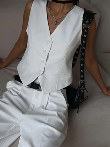 Women minimalist white V-neck suit vest and matching wide-leg pants fashion set
