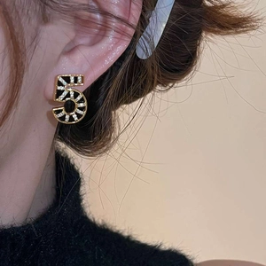 18K gold plated number 5 stud earring with black enamel and sparkling zircon stones