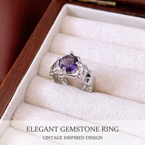 Vintage Purple Zircon Copper Open Ring For Women Silver Tone Irregular Pleated Texture Adjustable Fashion Finger Jewelry