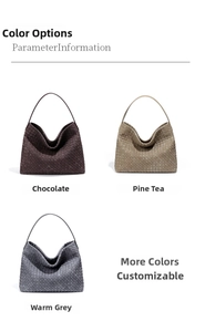 Three oversized woven leather hobo bags in chocolate brown, khaki green, and warm grey colors