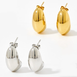 Polished gold and silver teardrop stud earrings in a minimalist stainless steel design