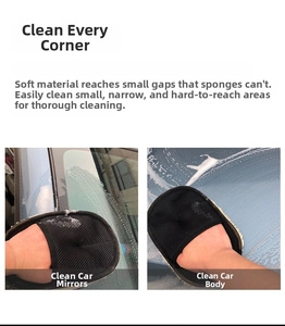 Detail of soft cleaning glove reaching car mirror gaps and tight corner areas