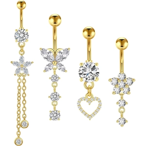 Belly Button Rings For Women Stainless Steel Copper Cubic Zirconia Dangle Butterfly Heart Flower Navel Piercing Jewelry