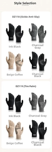Detail view of winter knitted gloves showing anti-slip palm patterns and color options