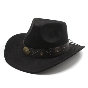 Classic black wide brim Western cowboy hat with brown leather band and copper studs