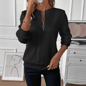 Damen Sweatshirt in Schwarz mit Zopfmuster und praktischem halbem Reißverschluss