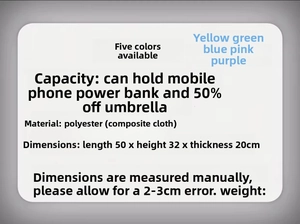 Detailed chart showing size 50x32x20cm, polyester material and multi-color options