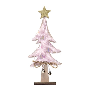 Pink plush wooden Christmas tree tabletop decoration with golden star and metal bell detail