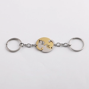 Matching cat couple keychain set in gold and silver stainless steel for bags and keys