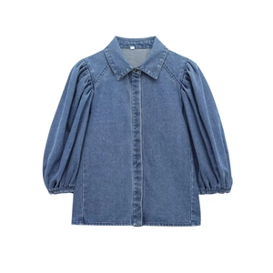 Women Retro Denim Blouse 100% Cotton Puff Sleeve Button Up Shirt Elegant Solid Blue Lapel Collar Top