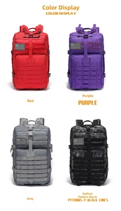 Tactical 3P backpacks in four colors showing MOLLE webbing and American flag patches