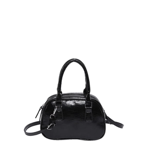 Elegant black patent leather mini Boston bag with silver hardware and adjustable strap