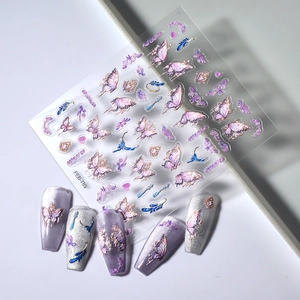 5D embossed nail stickers featuring purple butterflies and floral patterns, model FEB-789