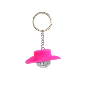 Pink cowboy hat keychain with a shiny disco ball mirror pendant on a silver metal ring
