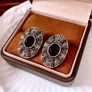 Vintage Oval Stud Earrings With Black Rhinestone And Silver Earring Post Baroque Palace Style Elegant Women Jewelry