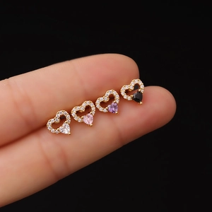Double heart zircon titanium steel earrings in gold finish with multi-color stones