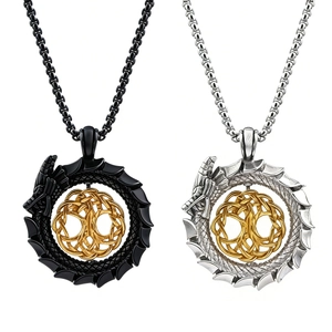 Dragon Ouroboros Pendant Necklace Stainless Steel Tree Of Life Viking Mythological Retro Punk Jewelry For Men