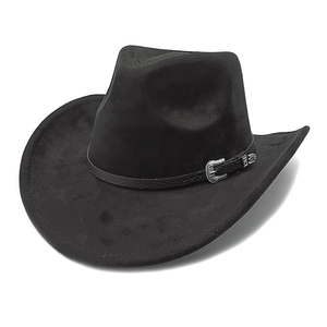 Vue détaillée d'un chapeau de cowboy noir en daim avec boucle argentée gravée vintage