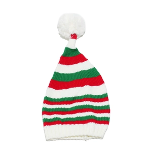 Close-up of thick festive knit texture with red green stripes and white pom-pom