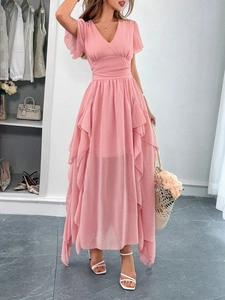 Pink V-neck chiffon maxi dress with ruffled short sleeves and high waist flowing silhouette