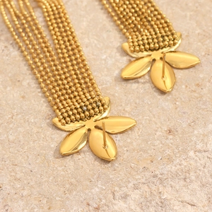 Exaggerated 18K gold plated flower stud earrings with long metal bead chain tassels
