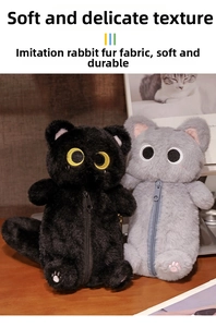 Detail of plush cat storage bags in black and grey, made of soft faux rabbit fur fabric