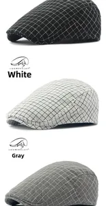 Vertical view of cotton plaid flat caps in black, white, and grey textured patterns