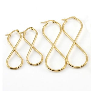 Polished gold stainless steel infinity shaped earrings in two sizes for women