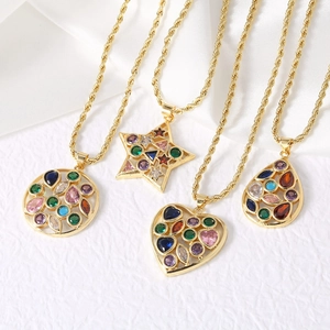 Fashion Gold Plated Copper Colorful Rhinestone Heart Star Round Teardrop Pendant Necklace For Women Fashion Jewelry