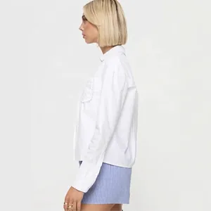 Chemisier Blanc Femme À Lacets Devant Poches À Volants Manches Longues Col En V Polyester Style Doux Coupe Ample Minimaliste