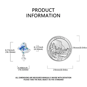 Blue enamel butterfly charm with dimensions 18.18mm height compared to a coin