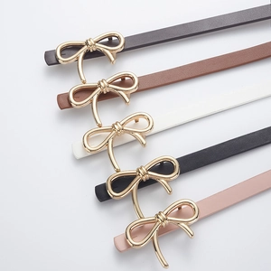 Set of 5 minimalist bow-buckle skinny PU leather waist belts in assorted colors