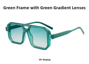 Detailed 45-degree view of green geometric sunglasses with double bridge and gradient lenses