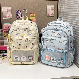 Cute dachshund print school backpack with transparent front pocket in blue and beige